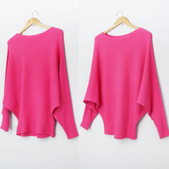 Makarthy Batwing Dolman Sleeves Ribbed Knit Drapey Sweater Cashmere Wool Blend - Picture 1 of 15